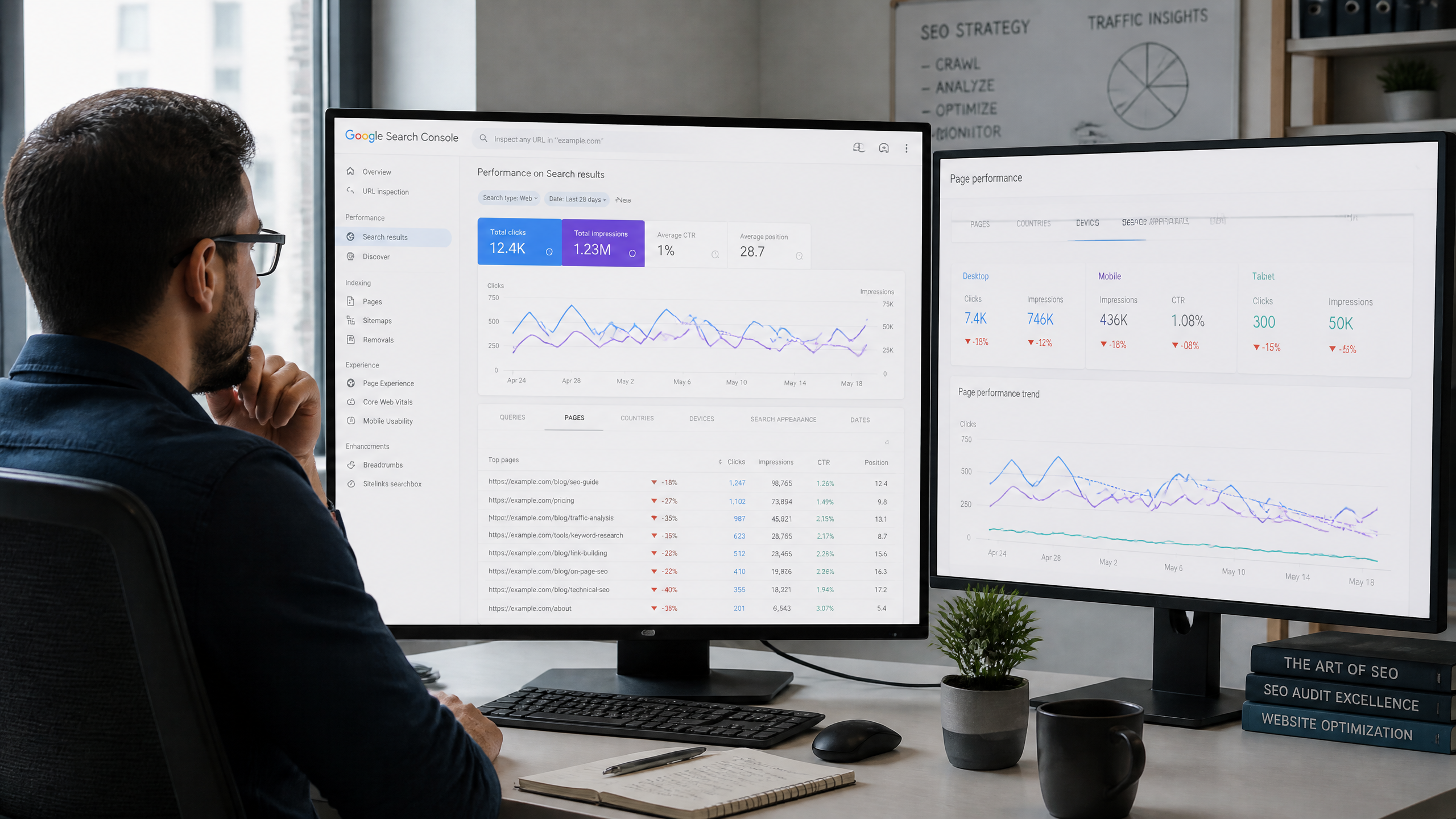 SEO analyst reviewing page-level traffic drop data on a dashboard