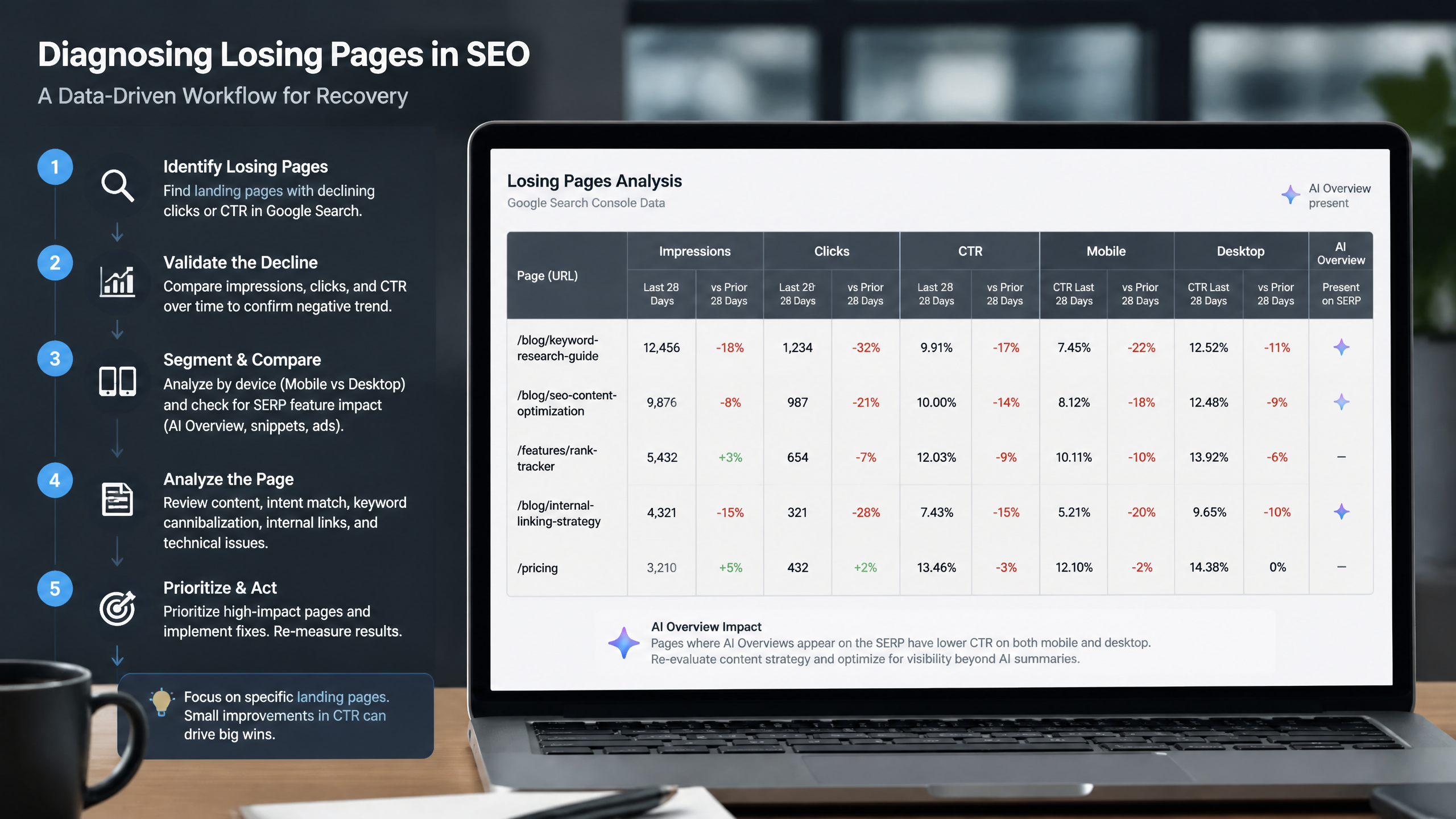 Workflow for diagnosing which landing pages lost traffic using clicks, impressions, and device data