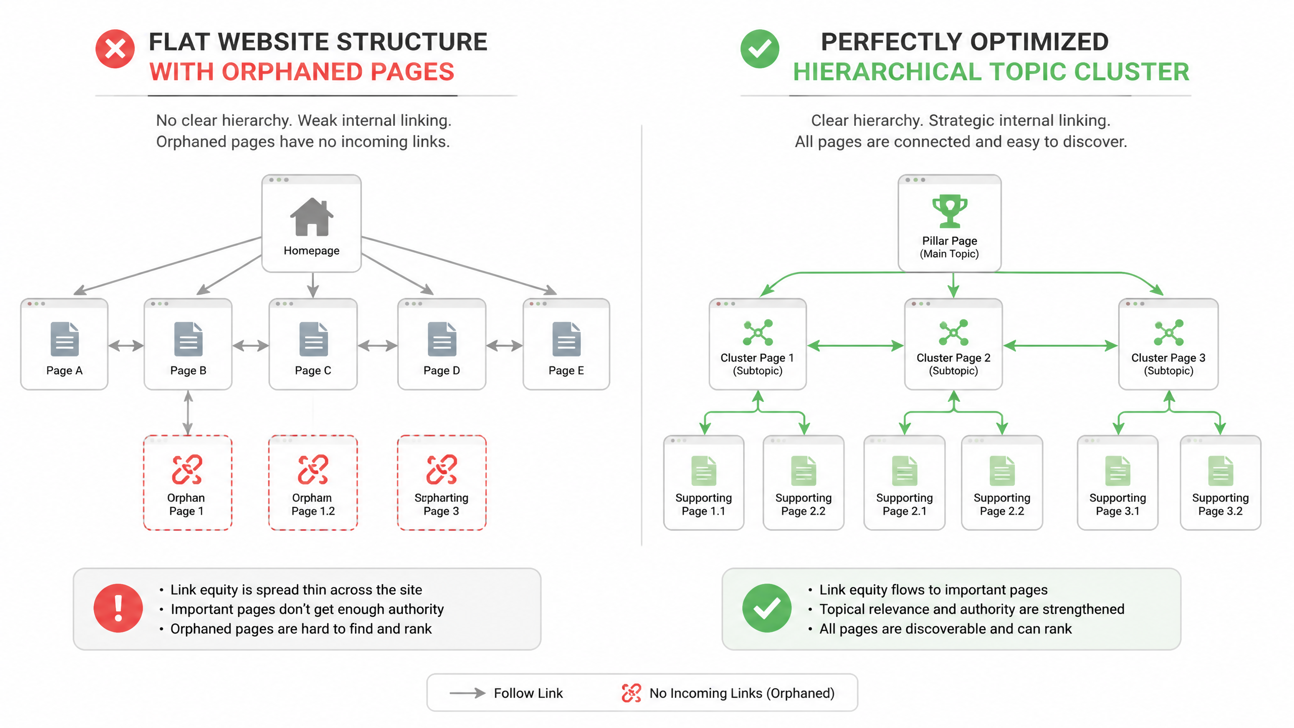 Comparison diagram of poor site architecture versus optimized topic cluster linking