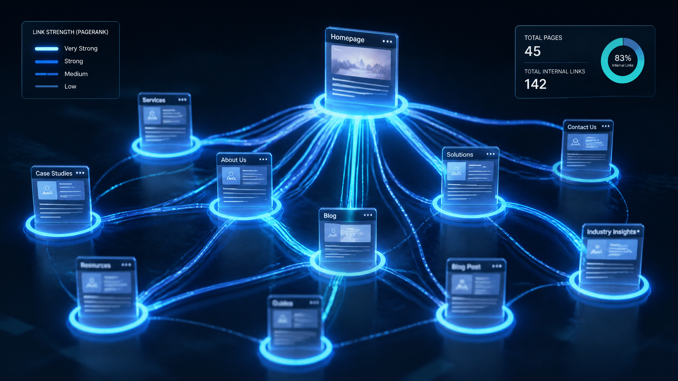 3D visualization of website internal linking structure and PageRank flow