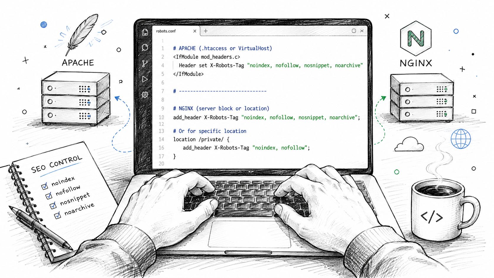 A hand-drawn illustration of a developer configuring X-Robots-Tag settings for Apache and Nginx web servers.