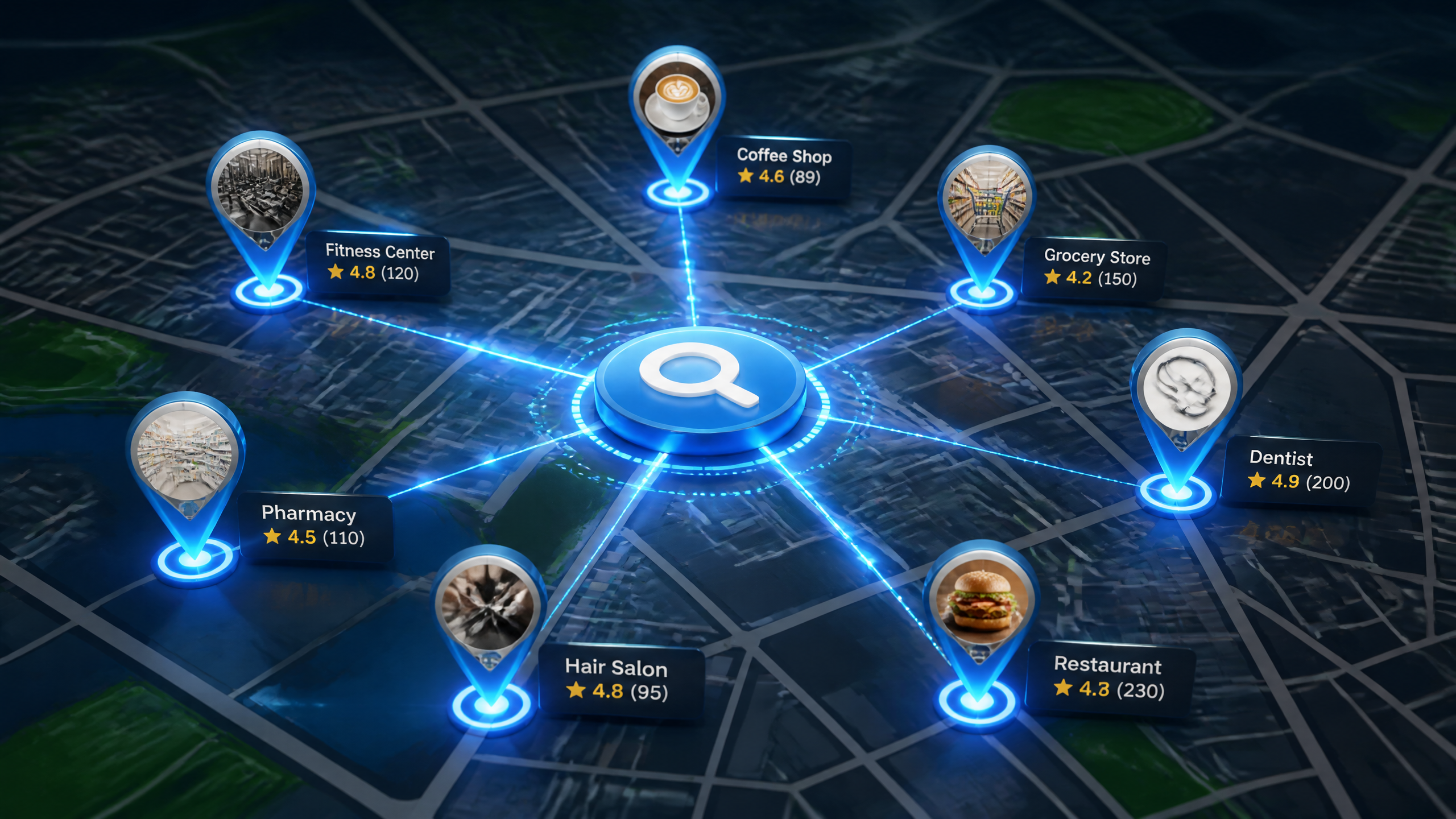 3D render of a local map with search pins representing local SEO listings