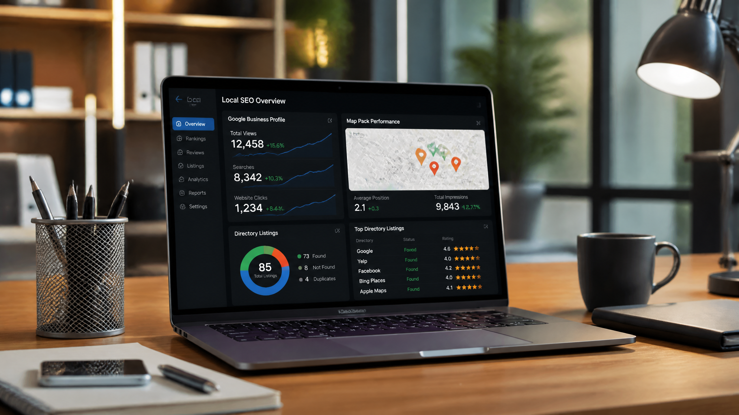 Local SEO dashboard showing business directory analytics on a laptop