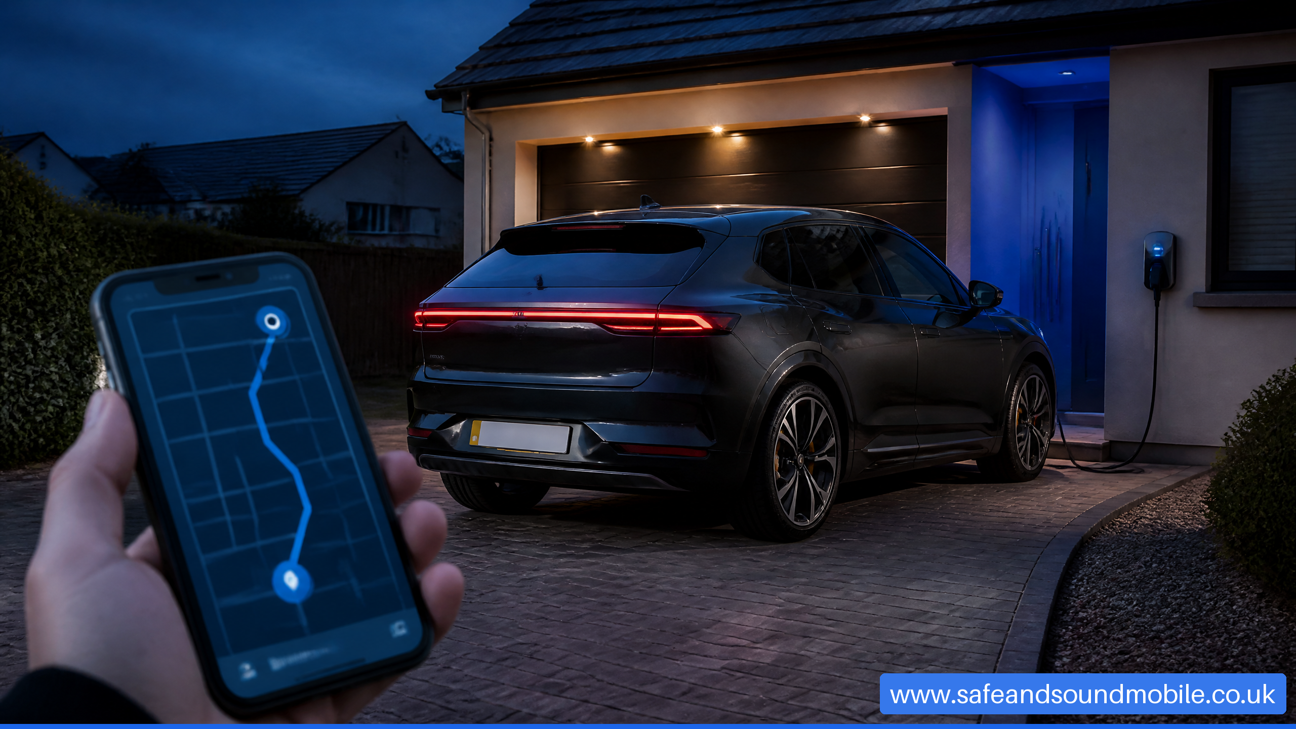 Premium electric vehicle with a smartphone displaying vehicle tracking information.