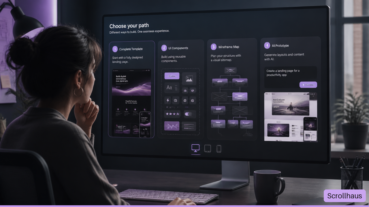 Illustration of a designer comparing website templates, UI components, wireframes, and AI-generated prototypes.