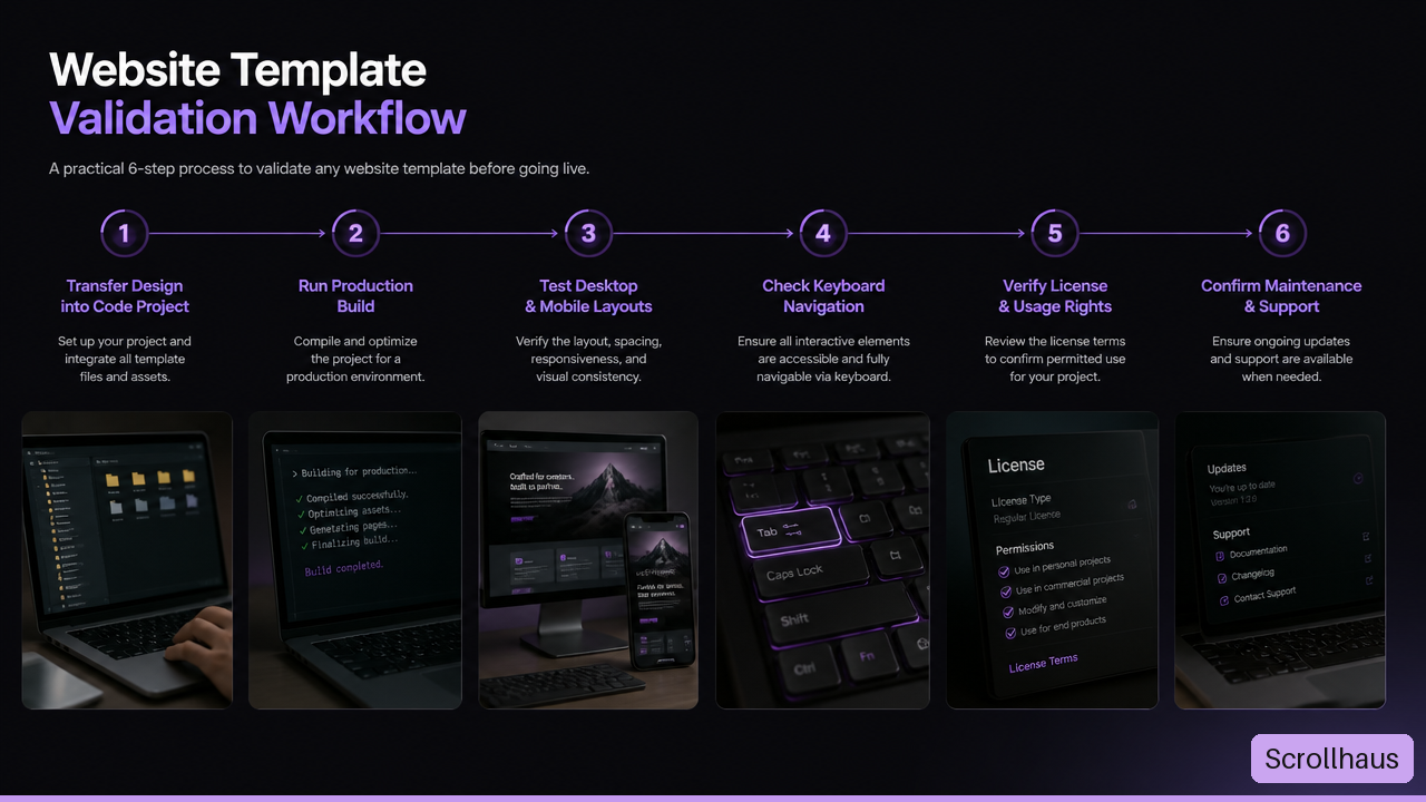 Infographic showing steps for testing a website template before production use.