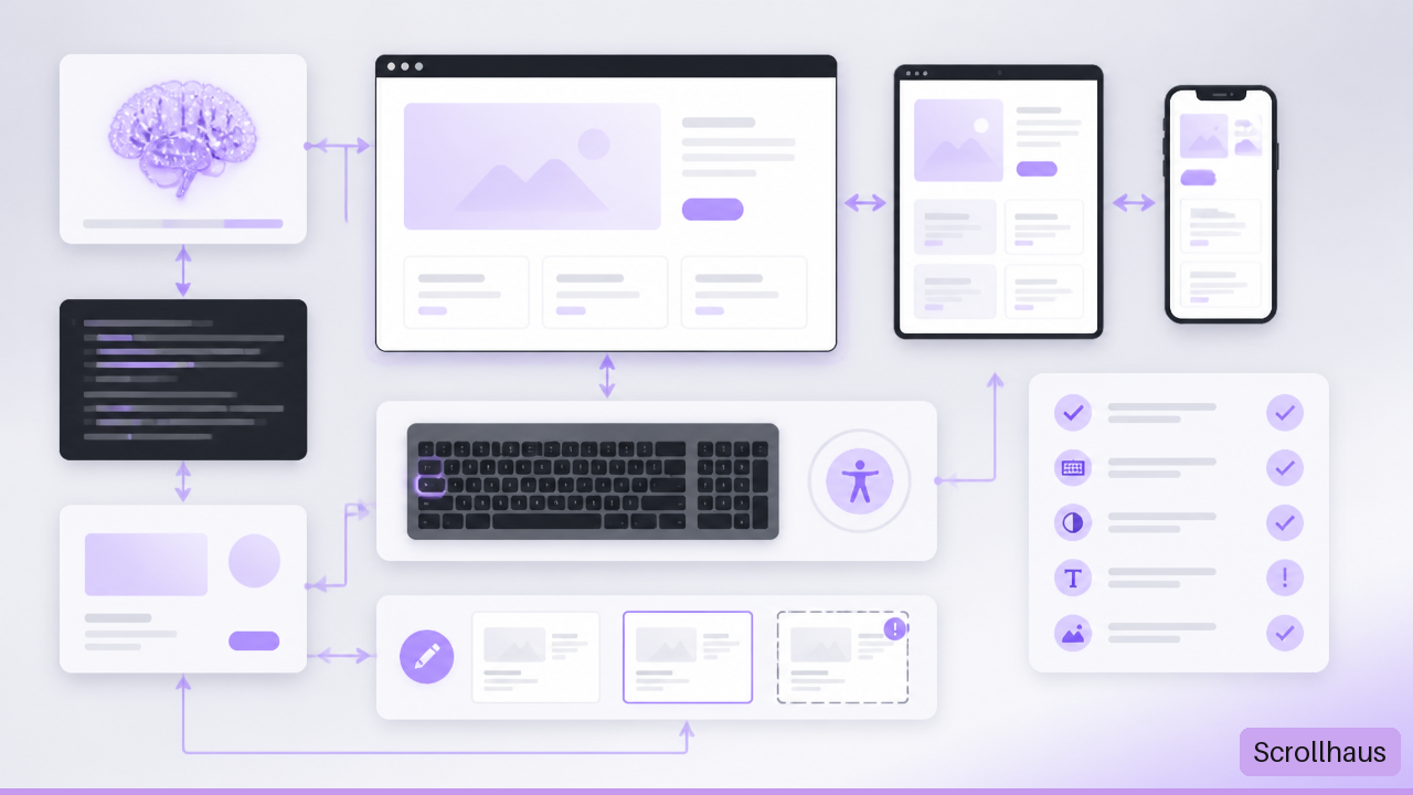 Diagram showing responsive, accessibility, and revision testing for an AI-generated website.
