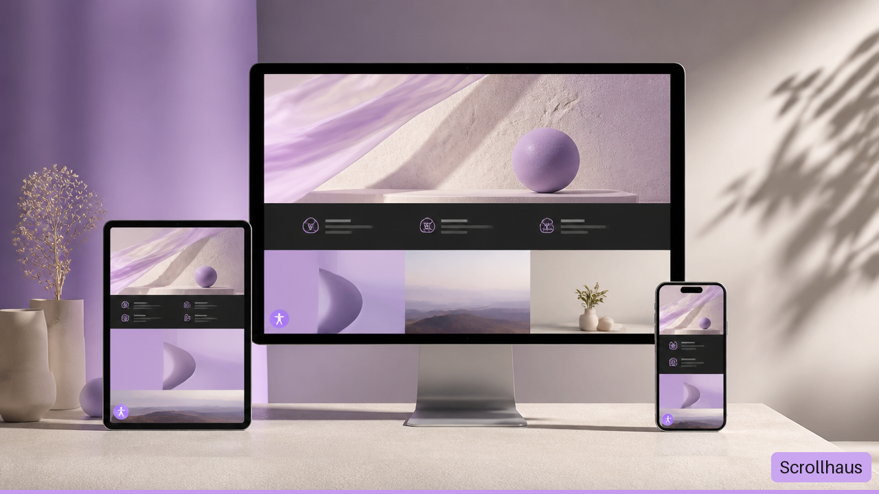 Desktop, tablet, and phone displaying responsive animated website layouts with simplified motion states.