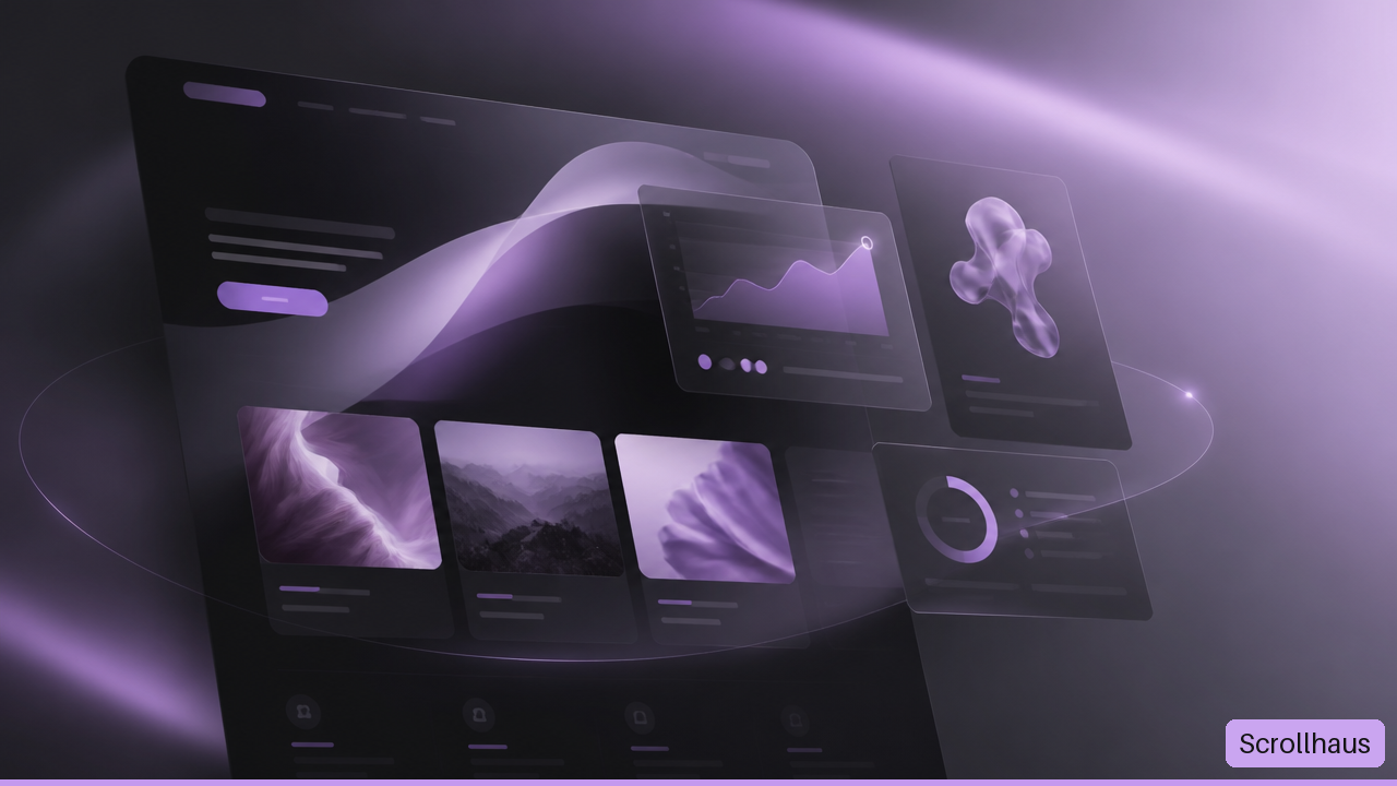 Modern animated website interface with layered cards, motion effects, and lavender accents.