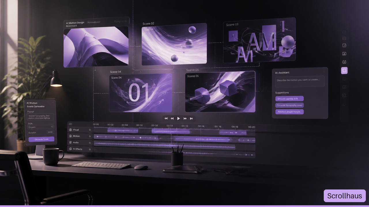 Abstract AI motion design workspace with animated storyboard frames and a video timeline.