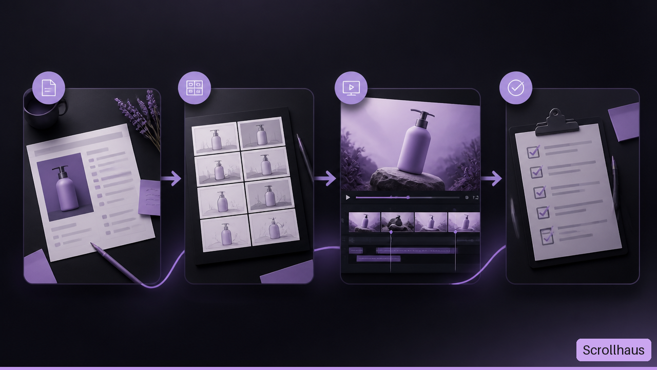 Illustration of a video production workflow from creative brief through review and approval.