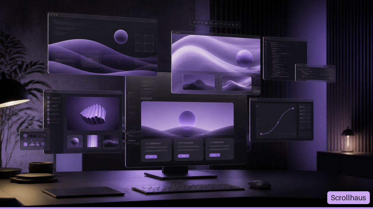Abstract creative workspace showing animated website components, code panels, and motion design elements.