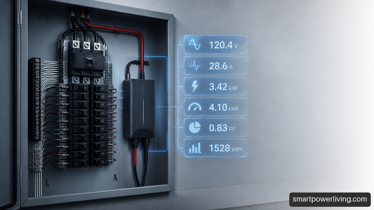 Electrical panel and power efficiency enhancer with power factor and energy measurement indicators