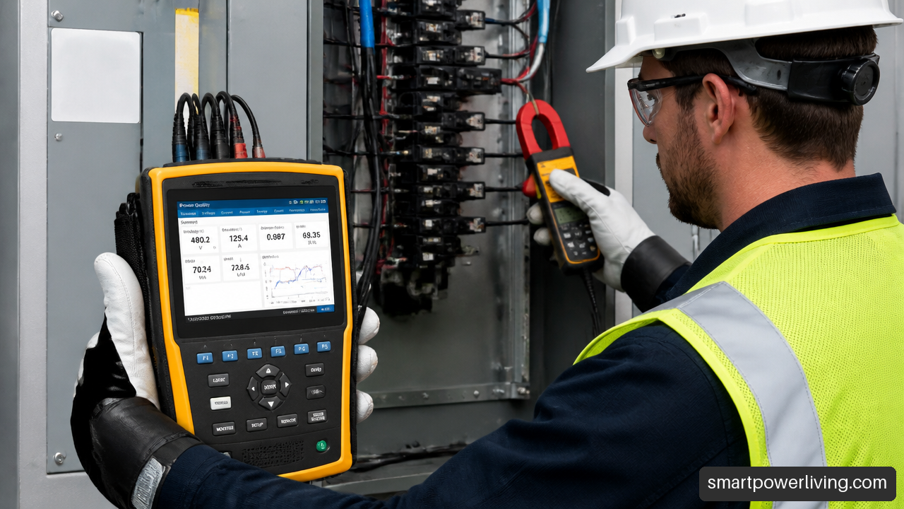 Technician measuring voltage, current, power factor, and energy use at a commercial electrical panel