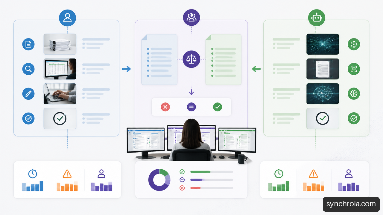 Schéma d’un test en shadow mode comparant un processus manuel et une automatisation IA.