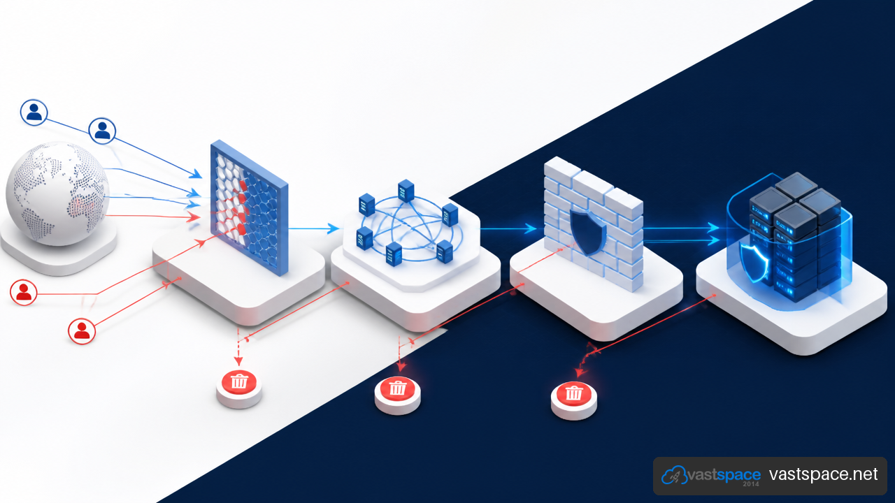 Layered DDoS defense showing provider filtering, CDN, WAF, firewall, and VPS.