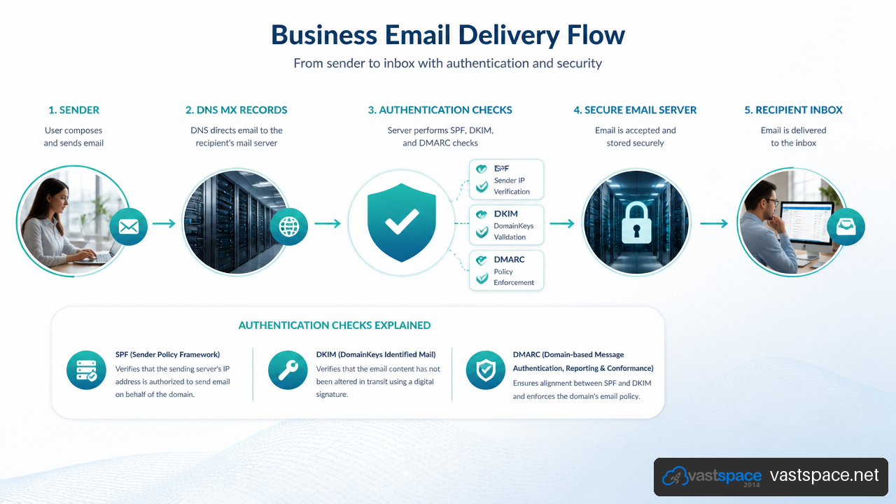 Diagram showing email delivery through DNS records and SPF, DKIM, and DMARC checks.
