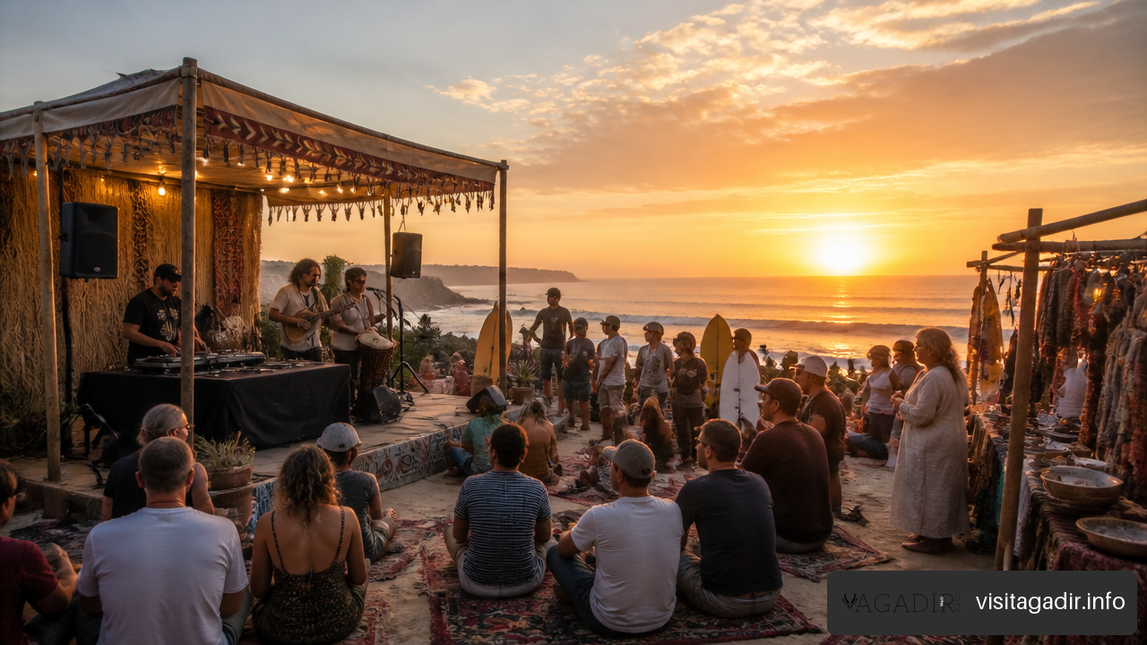 Visitors enjoying sunset music and cultural activities at Taghazout Surf Expo