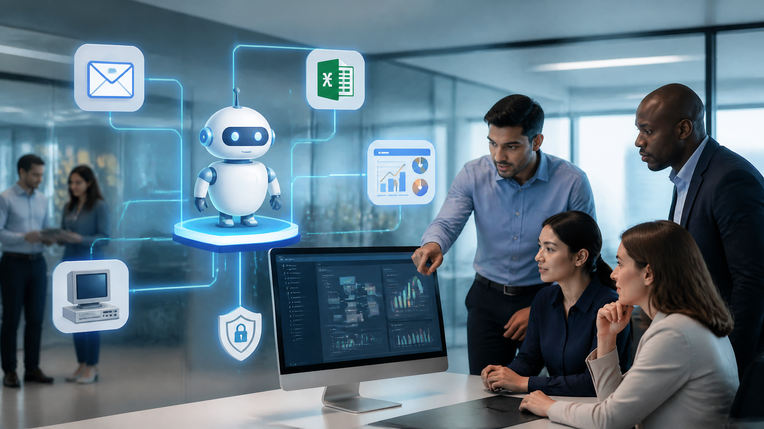 Illustration of software bots connecting business applications in a robotic process automation workflow.
